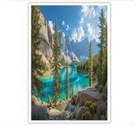GDJSMIN Impression Sur Toile Paysage Du Lac Impression D'Art Vue Montagnes Forêts Conifères Décoration Murale Pour Maison, Chambre À Coucher - 60×80 Cm Sans Cadre, Vert Clair
