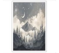 GDJSMIN Impression Sur Toile Pour Salle De Bain De Croissant Lune Ciel Étoilé Forêt Brumeuse Poster Mural Et Impression D'Art Paysage À L'Encre Décoration Murale - 50×70 Cm Sans Cadre, Gris-Bleu