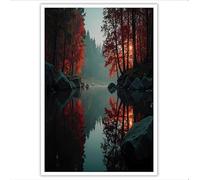 GDJSMIN Impression Sur Toile - Sans Cadre Tableau Decoration Murale - Paysages D'Automne Sombre - 60×80 Cm - Salon Peinture Tableaux Décoration - Reflets Du Lac Aux Feuilles Rouges - Cramoisi