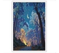 GDJSMIN Impression Sur Toile, Tableau Decoration Murale Salon Lucioles Scintillantes Des Bois Du Croissant Lune, Forêt Rêve Impression Sur Toile, Pour Chambre Salon Peinture Tableau (Bleu Profond)