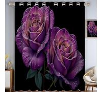 GDJSMIN Lot De 2 Rideaux Occultant Fleurs Élégantes Isotants Thermique Anti Froids Rideau À Oeillets Gouttes d'eau Roses Violettes, Violet Foncé, 117L X 137H Cm