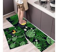 GDJSMIN Lot De 2 Tapis Cuisine Lavable,Fleurs Tropicales À Feuilles Tapis De Cuisine,Feuilles De La Plante Toucan Tapi Cuisin Antiderapant pour Couloir,Salle À Manger (Vert,45×75Cm+45×150Cm)