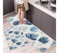 GDJSMIN Lot De 2 Tapis Cuisine Lavable,Plantes À L'Aquarelle Tapis De Cuisine,Motif De Feuilles De Fougère Tapi Cuisin Antiderapant pour Couloir,Salle À Manger (Bleu,50×80Cm+50×120Cm)