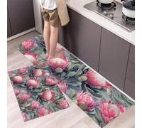 GDJSMIN Lot De 2 Tapis Cuisine Lavable,Plantes Et Fleurs Naturelles Tapis De Cuisine,Protée Royale Pourpre-Rouge Tapi Cuisin Antiderapant pour Couloir,Salle À Manger (Rose,45×75Cm+45×150Cm)