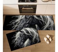 GDJSMIN Lot De 2 Tapis Cuisine Lavable,Style De Peinture Tapis De Cuisine,Portrait De Cheval Noir Tapi Cuisin Antiderapant pour Couloir,Salle À Manger (Noir Et Blanc,44×70Cm+44×120Cm)
