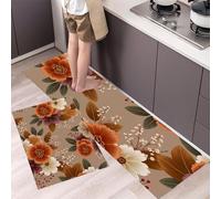 GDJSMIN Lot De 2 Tapis Cuisine Lavable,Style Rétro Tapis De Cuisine,Motifs Chrysanthèmes Roses Feuilles Tapi Cuisin Antiderapant pour Couloir,Salle À Manger (Orange,44×70Cm+44×120Cm)