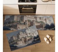 GDJSMIN Lot De 2 Tapis De Cuisine Antidérapants Et Lavables, Bâtiments À Hautes Murailles Et Tours, Château Médiéval, 45×75Cm+45×150Cm, Couleur Sable, Décoration De Cuisine