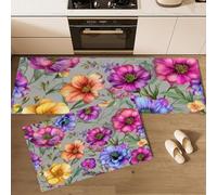 GDJSMIN Lot de 2 Tapis de Cuisine antidérapants et lavables, Coquelicot Dégradé, Jardin Botanique Rêve, 43×75cm+43×150cm, Violet, décoration de Cuisine