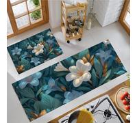 GDJSMIN Lot De 2 Tapis De Cuisine Antidérapants Et Lavables,Feuillage De La Jungle, Anti-Fatigue, pour Décoration De La Maison, Bureau Debout (Bleu-Vert,43×75Cm+43×150Cm)
