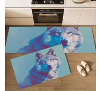 GDJSMIN Lot De 2 Tapis De Cuisine Antidérapants pour Le Sol - Bêtes Mystérieuses - Illustrations De Loups - 50×80Cm+50×120Cm - Bleu-Violet