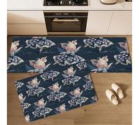 GDJSMIN Lot De 2 Tapis De Cuisine Antidérapants pour Le Sol - Dessins Animés Amusants - Motif Cochon À Pois Bleus - 50×80Cm+50×120Cm - Bleu Foncé