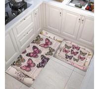 GDJSMIN Lot De 2 Tapis De Cuisine Lavable en Machine, Affiche Rétro,Tapis Antidérapant Cuisine,Lettres Manuscrites Papillon, pour Bureau Salle À Manger (50×80Cm+50×120Cm,Rose-Violet)