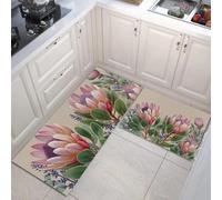 GDJSMIN Lot De 2 Tapis De Cuisine Lavable en Machine,Bouquet De Protéas D'Afrique du Sud Tapis Antidérapant Cuisines pour Cuisine, Salle À Manger (50×80Cm+50×120Cm,Rose Clair)