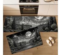 GDJSMIN Lot De 2 Tapis De Cuisine Lavable en Machine,Forêt Mystérieuse Éléments Cascade Montagne Pleine Lune Tapis Antidérapant Cuisine pour Cuisines, Salle À Manger (50×80Cm+50×120Cm,Noir Et Blanc)