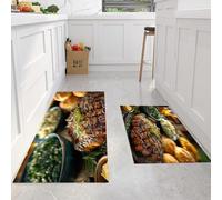 GDJSMIN Lot De 2 Tapis De Cuisine Lavable en Machine,Nourriture Réaliste Restaurant De Steaks Américain Tapis Antidérapant Cuisine pour Cuisines, Salle À Manger (45×75Cm+45×150Cm,Brun)