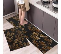 GDJSMIN Lot De 2 Tapis De Cuisine Lavable en Machine,Style Botanique Luxueux Éléments De Feuilles De Bambou Dorées Tapis Antidérapant Cuisine pour Cuisines, Salle À Manger (45×75Cm+45×150Cm,Noir)