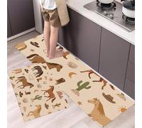 GDJSMIN Lot De 2 Tapis De Cuisine Lavable en Machine, Style Dessin Animé,Tapis Antidérapant Cuisine,Éléments Liés Au Cheval Et Au Chapeau Cowboy, pour Bureau Salle À Manger (45×75Cm+45×150Cm,Beige)