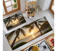 GDJSMIN Lot De 2 Tapis De Cuisine Lavable en Machine,Vue sur La Plage Au Coucher du Soleil Grands Palmiers Tapis Antidérapant Cuisine pour Cuisines, Salle À Manger (44×70Cm+44×120Cm,Orange)