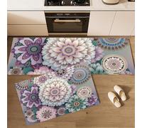 GDJSMIN Lot De 2 Tapis De Sol Anti-Fatigue pour Cuisine, Motifs Floraux Géométriques, Imprimés Mandalas Maison Et Bureau - Imperméables, Antidérapants Et Confortables (Rose Clair, 50×80Cm+50×120Cm)