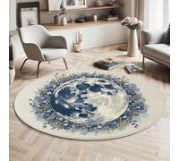GDJSMIN Motif Floral Aquarelle Tapis Rond Doux au Toucher Abstrait De Pleine Lune Lavable et antidérapant pour Salon,Chambre à Coucher (Bleu, 180cm)