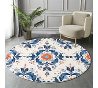 GDJSMIN Motifs Arabesques Tapis Rond 140cmIntérieur Doux Antidérapant Lavable en Machine, Bleu Tapis Décoratif de Art Populaire Traditionnel pour Salon Chambre Salle à Manger