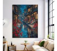 GDJSMIN Motifs Floraux Maisons Bois Affiches Tableau Décoration,Scène Nocturne Style Anime Murale Art Toile Tableau Peinture Salon Intérieur Decoration De La Maison,60×80 Cm Sans Cadre,Bleu Foncé