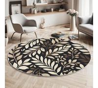 GDJSMIN Motifs Végétaux Abstraits Tapis Rond Doux au Toucher Éléments De Feuilles De Fougère Lavable et antidérapant pour Salon,Chambre à Coucher (Beige, 60cm)