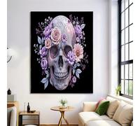 GDJSMIN Mural Sur Toile Fleurs Feuilles Crânes, Art De L'Horreur Toile Affiche Decoration Murale Tableau Art, 60×90 Cm Sur Salon Chambre Maison Decor Murale Art Sans Cadre Violet