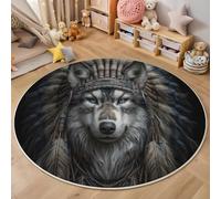GDJSMIN Noir Tapis Rond 120cm Coiffe De Plumes Indienne Loup Réaliste Lavable en Machine Antidérapant Ronde Carpet Descente de Lit Chambre Adulte Salon Salle a Manger Bureau Doux Poil Ras Carpette