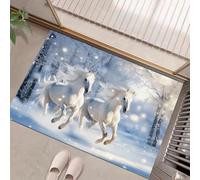 GDJSMIN Paillasson De Noël, 50 X 80 cm Tapis D'Entrée Chevaux Blancs Au Galop dans Champ Neige, Blanc Tapis De Bain Antiderapant,pour Intérieur Et Extérieur