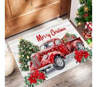 GDJSMIN Paillasson De Noël Blanc, Éléments Sapin Noël Rétro en Forme Camion Rouge Tapis De Bienvenue pour Porte D'Entrée,Tapis De Noël Antidérapant pour Intérieur Ou Extérieur,60 X 90 cm
