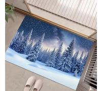GDJSMIN Paillasson De Noël Indigo, Motif Forêt Grands Pins sous Ciel Étoilé Tapis De Bienvenue pour Porte D'Entrée,Tapis De Noël Antidérapant pour Intérieur Ou Extérieur,90 X 150 cm