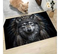 GDJSMIN Paillasson D'Intérieur Faune Réaliste 90 X 150 Cm pour Entrée De Maison, Antidérapant,Loup Gris Coiffe Plumes Lavable en Machine, Petit Tapis pour Cuisine Entrée Porte D'Entrée,