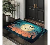 GDJSMIN Paillassons Intérieur Chauve-Souris Arbre Mort Pleine Lune, Tapis Souples Lavables Silhouette Sombre, Paillasson Absorbant Antidérapant À Profil Bas pour Entrée Porte,50 X 80 Cm Cyan Foncé