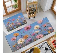GDJSMIN Peinture Réaliste À L'Aquarelle Lot De 2 Tapis De Cuisine Fleurs des Champs Papillon Antidérapant Tapis De Cuisine Antidérapant Lavable (Bleu Clair, 50×80Cm+50×120Cm)