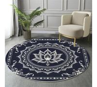 GDJSMIN Pétales De Lotus Tapis Rond 100Cmintérieur Doux Antidérapant Lavable en Machine, Bleu Foncé Tapis Décoratif De Motifs Complexes De Mandalas pour Salon Chambre Salle À Manger