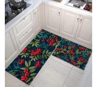 GDJSMIN Représentation Naturaliste 2 Pièces Tapis De Cuisine Antidérapant Et Lavable en Machine,Baies Rouges Feuilles Vertes Ensemble Sol Tapis Devant Evier 40×60Cm+40×120Cm