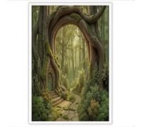GDJSMIN Sans Cadre Impression Sur Toile,Forêt Magique Tableau Mural,Cabane Arche D'Arbre Ancien Peinture Photo Sur Toile Tableau Decoration Murale Salon Chambre 50×70 Cm Vert Mousse