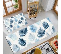 GDJSMIN Style Aquarelle Abstrait Ensemble Tapis De Cuisine Antidérapant Lavable, Motif De Feuilles De Fougère À L'Aquarelle Ensemble 2 Pièces, 40×60Cm+40×120Cm,Bleu Clair