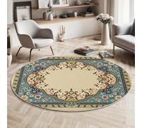 GDJSMIN Style De Peinture Miniature Indienne Tapis Rond Doux au Toucher Motif Floral Arabesque Lavable et antidérapant pour Salon,Chambre à Coucher (Bleu, 200cm)