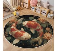 GDJSMIN Style D'Illustration Animale Tapis Rond Doux au Toucher Conception De Lotus Koi Lavable et antidérapant pour Salon,Chambre à Coucher (Rouge, 60cm)