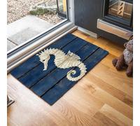 GDJSMIN Style Ferme De Campagne Paillasson Bleu Foncé, Planche en Bois Bleue Hippocampe Tapis De Bienvenue pour Porte D'Entrée,Tapis De Noël Antidérapant pour Intérieur Ou Extérieur,40 X 60 Cm