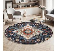 GDJSMIN Style Tapis Persan Tapis Rond Doux au Toucher Motifs Floraux Géométriques Complexes Lavable et antidérapant pour Salon,Chambre à Coucher (Bleu, 60cm)