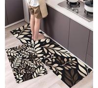 GDJSMIN Style Végétal Ensemble Tapis De Cuisine Antidérapant Lavable, Éléments Feuilles Fougère Ensemble 2 Pièces, 45×75Cm+45×150Cm Tapis Sol pour Le Bureau De Décoration À La Maison,Beige
