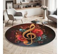 GDJSMIN Superbe Style Musical Tapis Rond Doux au Toucher Fleurs Design De Notes De Musique Lavable et antidérapant pour Salon,Chambre à Coucher (Rouge, 60cm)