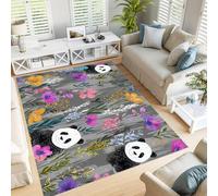 GDJSMIN Tapis à Fleurs Sauvages Naturelles Salon Animaux Mignons Pandas Grand Antidérapant à Poils Courts Doux Chambre Poil Ras de Sol Gris, 180×270cm