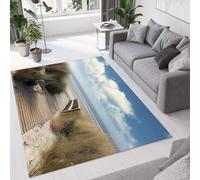 GDJSMIN Tapis à Paysage De Bord De Mer Salon Promenade en Bois Grand Antidérapant à Poils Courts Doux Chambre Poil Ras de Sol Vert, 160×230cm