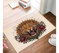 GDJSMIN Tapis De Intérieur 45 X 75 Cm - Paillasson D'Intérieur Antidérapant Lavable - Paillasson De Animaux Féroces,Guépard Fleurs pour Entrée Porte Avant Et Arrière,Rouge Foncé