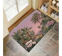 GDJSMIN Tapis de Porte Lavable Illustration Botanique Vintage,Paysage De Palmiers dans La Jungle Tapis de Porte Avant Intérieur pour la Cuisine, Le Jardin, l'entrée du Hall 40 x 60 cm,Rose
