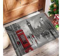 GDJSMIN Tapis De Porte Lavable Paysage Urbain Rétro,Cabine Téléphonique Rouge Londres Et Big Ben Tapis De Porte Avant Intérieur pour La Cuisine, Le Jardin, L'Entrée du Hall 90 X 150 Cm,Gris